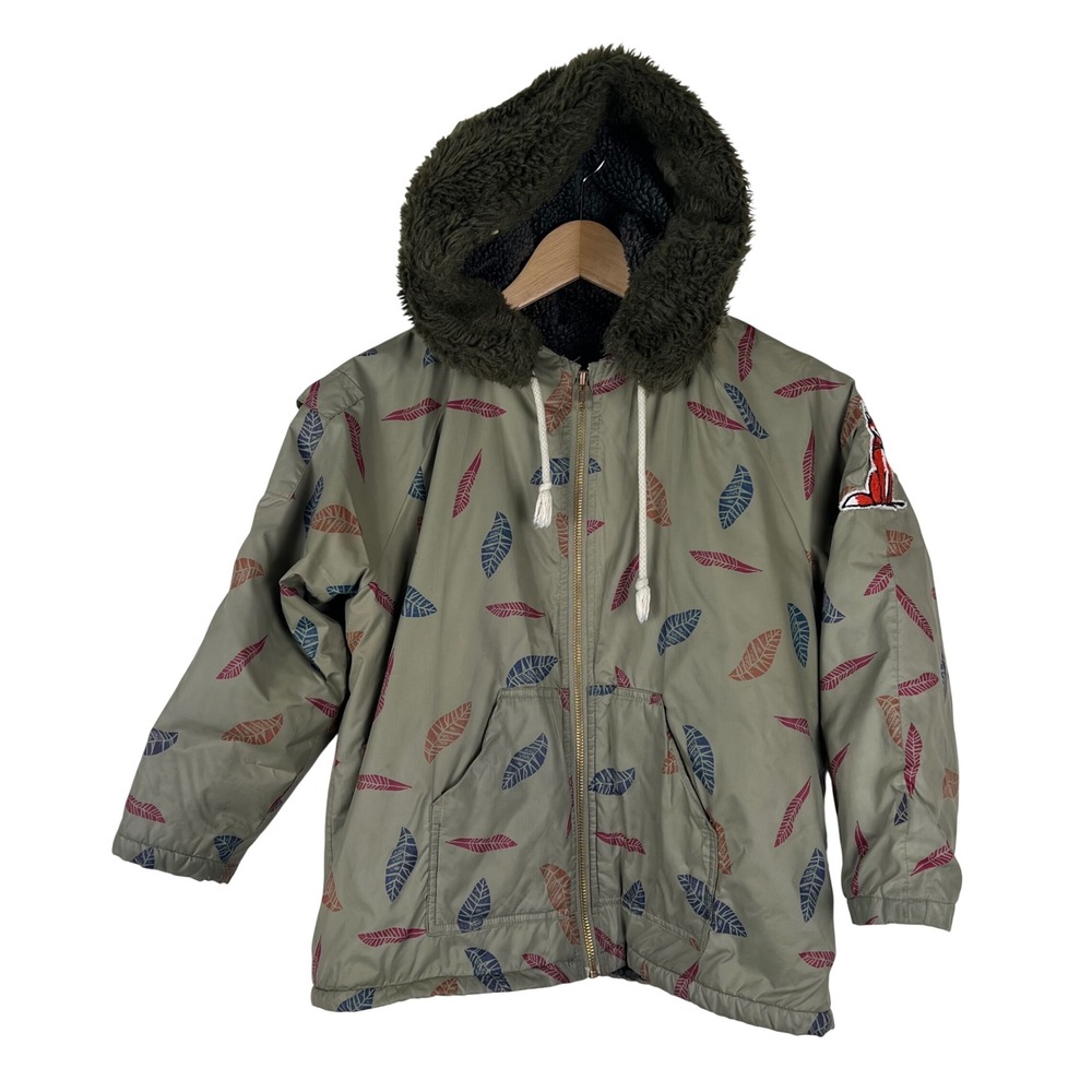 Bobo Choses Kids Feather Fox Parka Detachable Faux Fur Hood Olive Green 8-9Y